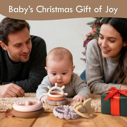 Moonkie Stacks of Circles Soft Teething Toy | Educational Learning Baby Toy | Stacking Ring Toys for Babies Boy and Girl | 7 Piece Teethers Set (Nature)