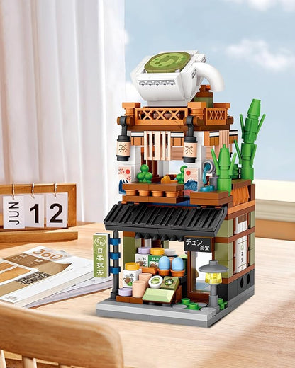 Japanese City Street View Matcha Shop, MOC Creative Building Blocks House Set, Simulation Architecture Construction Toy, Gifts Idea for Kids Adults (Mini Blocks 379 pcs)