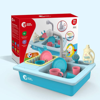 CUTE STONE Color Changing Kitchen Sink Toys, Children Electric Dishwasher Playing Toy with Running Water, Upgraded Faucet, Automatic Water Cycle System Play House Pretend Role Play Toys for Boys Girls