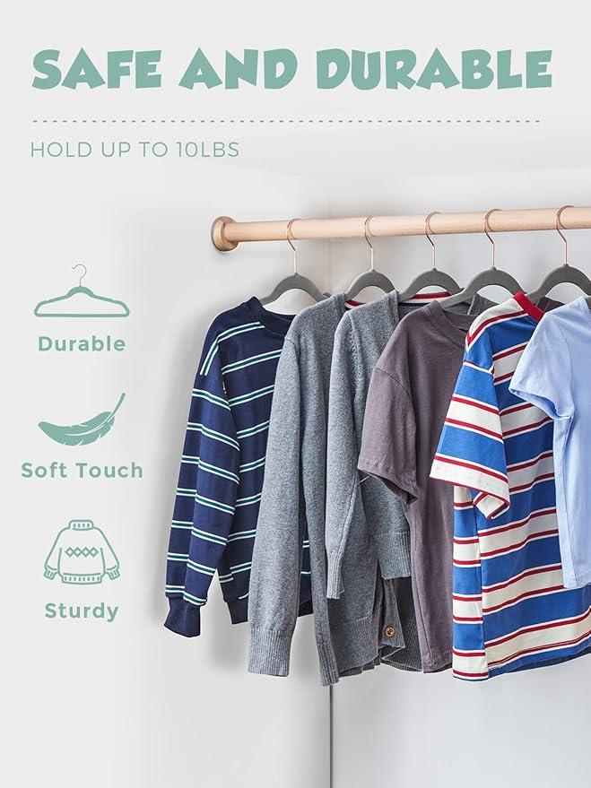 Smartor Kids Velvet Hangers 50 Pack, 14'' Inch Premium Non Slip Kids Felt Hangers for Closet, Space Saving Toddler Clothes Hanger for Youth's Childrens' Clothes (Rose Gold Hook)- Grey