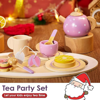BUYGER Wooden Tea Party Set for Little Girls with Play Food Kitchen Accessories Toy Pretend Play Princess Tea Party Time for Girls Boys Children Toddlers 3 4 5 6 7+ Years Old