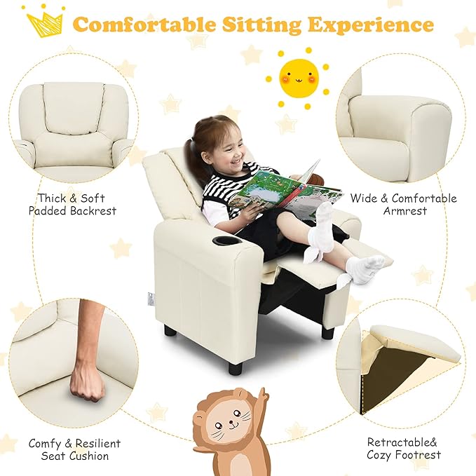 ARLIME Kids Recliner chair, toddler Armchair Upholstered Couch with Cup Holder, Backrest, baby Leather sofa with Headrest and Footrest, Child Furniture for Ages 2-7 (Beige)