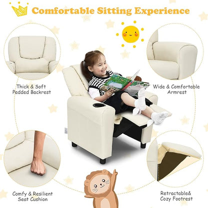 Costzon Kids Recliner Chair with Cup Holder, Toddler Furniture Children Armrest Sofa w/Headrest & Footrest for Girls Boys Baby Bedroom, Kids Room, PU Leather Kids Recliner Couch (Beige)