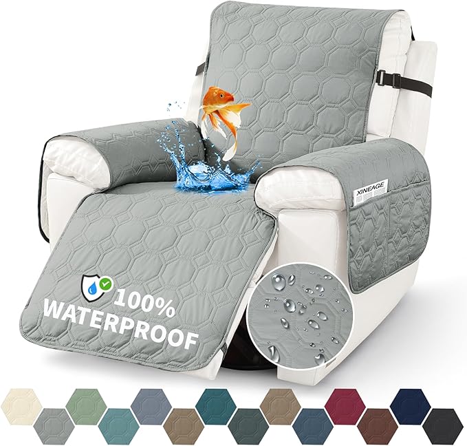 XINEAGE 100% Waterproof Recliner Chair Cover, Non Slip Covers for Recliner Chair with Pocket, Washable Dog Recliner Couch Cover with Elastic Straps (Light Gray, 22")
