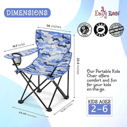 Emily Rose Kids Folding Chair | Beach Chair with Safety Lock- Camping Chair for Boys Girls Toddler with Cup Holder & Carry Case- Tailgate, Travel, Lawn- for Indoor & Outdoor (Blue Camo)