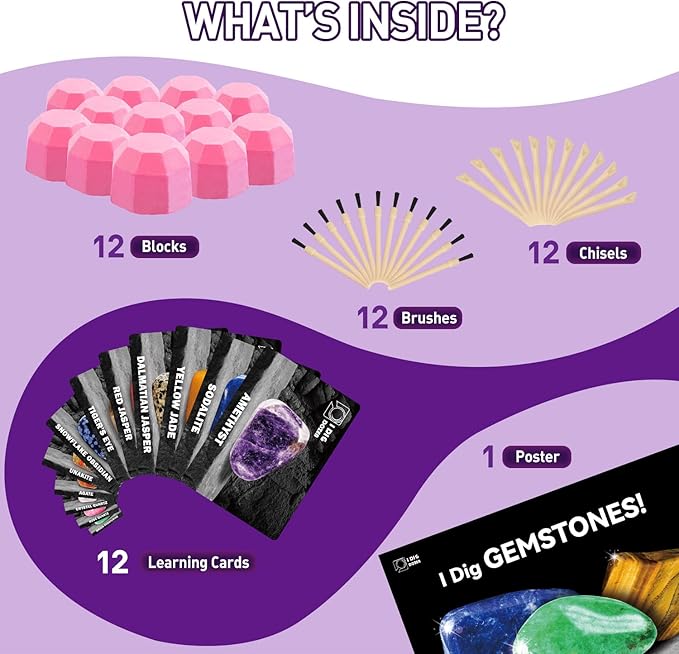 Byncceh Gemstones Dig Kit - Dig it up 12 Real Gemstone and Crystal for Kids Gems Digging Kit Mineral & Rock Collection for Kids Archaeology Geology Science Educational Gift STEM Toys for Boys & Girls
