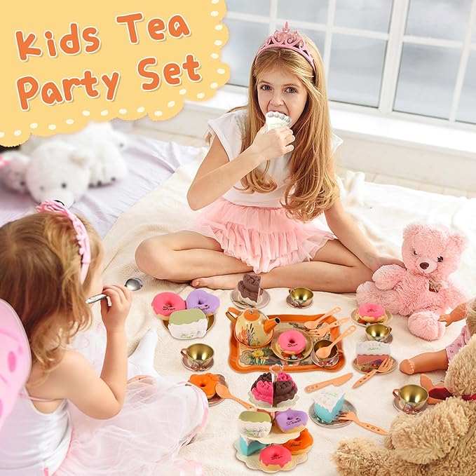 Tea Party Set for Toddlers 3-5 44 Pcs Bear Tin Teapot Set with Cups,Plates,Dessert and Carrying Case Pretend Play Kitchen Toys for Little Girls Birthday Gifts for 3 4 5 Year Old