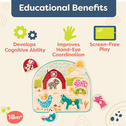 B. toys- Animal Barnyard- Wooden Peg Puzzle – Farm Puzzle – Animal Peg Puzzle for Toddlers, Kids – 8 Chunky Pieces – 18 Months +