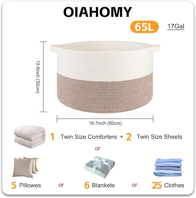 OIAHOMY Large Blanket Basket for Living Room, 19.7" x 12.6" Woven Cotton Rope Laundry Basket for Organizing Pillows, Decorative Stuffed Animal Toy Storage Bin for Nursery, White and Linen Brown