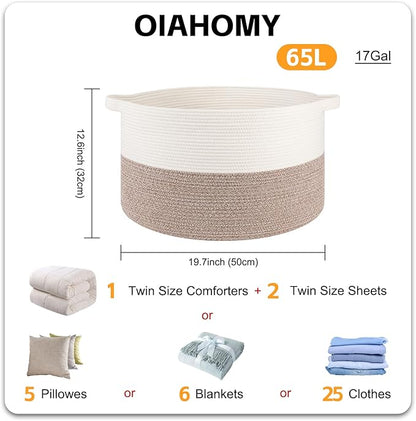 OIAHOMY Large Blanket Basket for Living Room, 19.7" x 12.6" Woven Cotton Rope Laundry Basket for Organizing Pillows, Decorative Stuffed Animal Toy Storage Bin for Nursery, White and Linen Brown