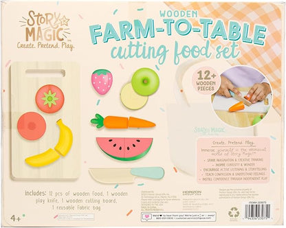 Story Magic Wooden Farm-to-Table Cutting Food Set, Wooden Play Food Toy, Kids Wood Cutting Fruits Vegetables, Toddler Cooking Pretend Play Kitchen Food Set