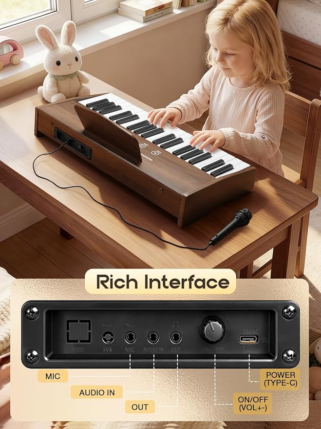 Kids Piano Keyboard, 37 Keys Digital Piano for Kids, Touch Button, Music Educational Instrument Toy, Wood Toy for 3+ Girls and Boys(Dark Brown)