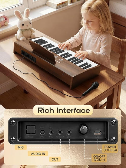 Kids Piano Keyboard, 37 Keys Digital Piano for Kids, Touch Button, Music Educational Instrument Toy, Wood Toy for 3+ Girls and Boys(Dark Brown)