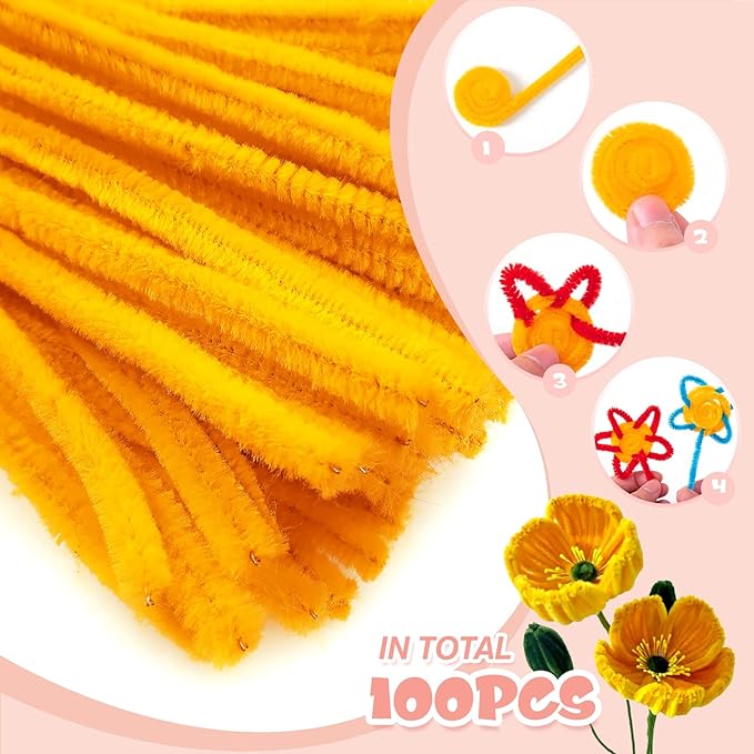 TOAOB 100pcs Pipe Cleaners Crafts Supplies Golden Yellow Pipe Cleaners Chenille Stems 6mm x 12 Inch Fuzzy Pipe Cleaners for DIY Art Crafts Decorations