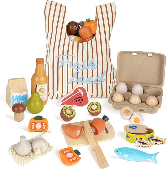 Lehoo Castle Wooden Play Food Sets for Kids Kitchen, Food Toys for Toddlers 3+ Year Old, with Shopping Bag, Pretend Food Play Kitchen Cutting Fruits Vegetables Toys, Gift for Boys Girls
