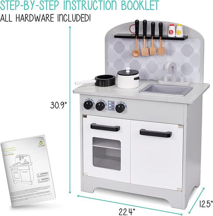 Lil' Jumbl Kids Pretend Kitchen Playset, Pretend Wooden Play Kitchen Toy, Realistic Setup, Includes Pot & Pan, 4 Utensils, Salt & Pepper Shaker, Gray