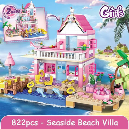 Girls Seaside Beach Vacation Villa Building Sets, Girls Holiday Cottage, Creative Dream House Building Blocks Kit Compatible with Lego Friends Construction Educational Toys for Kids Age 6-12+, 822pcs