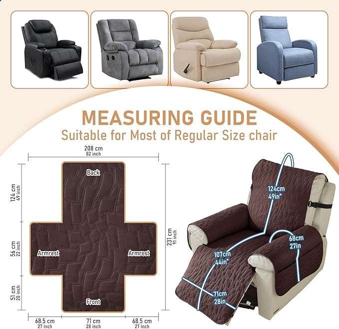 Recliner Covers That Stay in Place, 100% Waterproof Non-Slip Recliner Chair Covers with Pocket, Elastic Straps, Washable Reclining Chair Protector for Kids, Pets, Dog, Cat,Dark Coffee,28IN