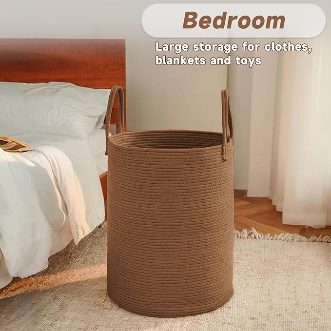 JMvicyroam Large Woven Laundry Basket Hamper,100L Cotton Rope Storage Bin for Blankets,Toys and Clothes,Decorative Tall Nursery Hamper for Living Room,Baby Nursery,Bathroom and Bedroom,Golden Jute