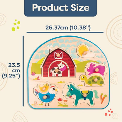 B. toys- Animal Barnyard- Wooden Peg Puzzle – Farm Puzzle – Animal Peg Puzzle for Toddlers, Kids – 8 Chunky Pieces – 18 Months +