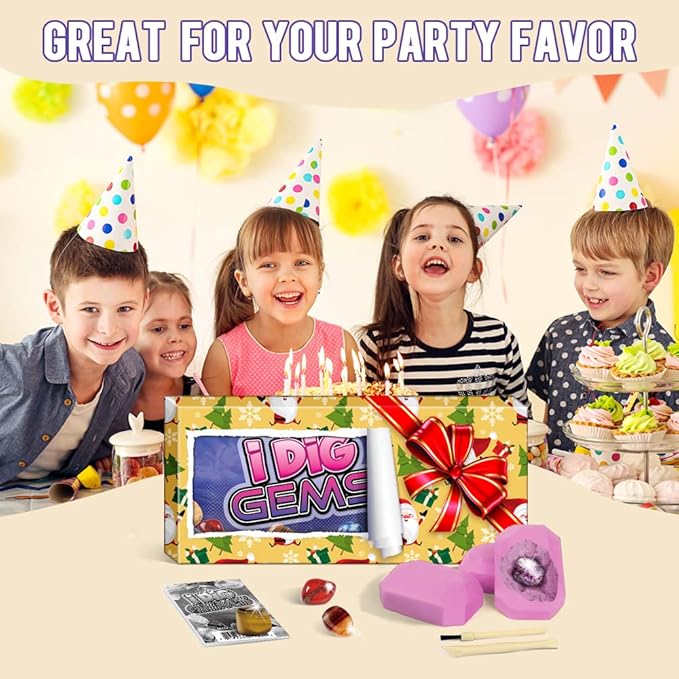 Byncceh Gemstone Dig Kit - Dig up 12 Real Gems, Mineral & Rock Collection Gemstones and Crystals Excavation Kit for Kids STEM Toys Science Educational Birthday Gifts for Boys & Girls