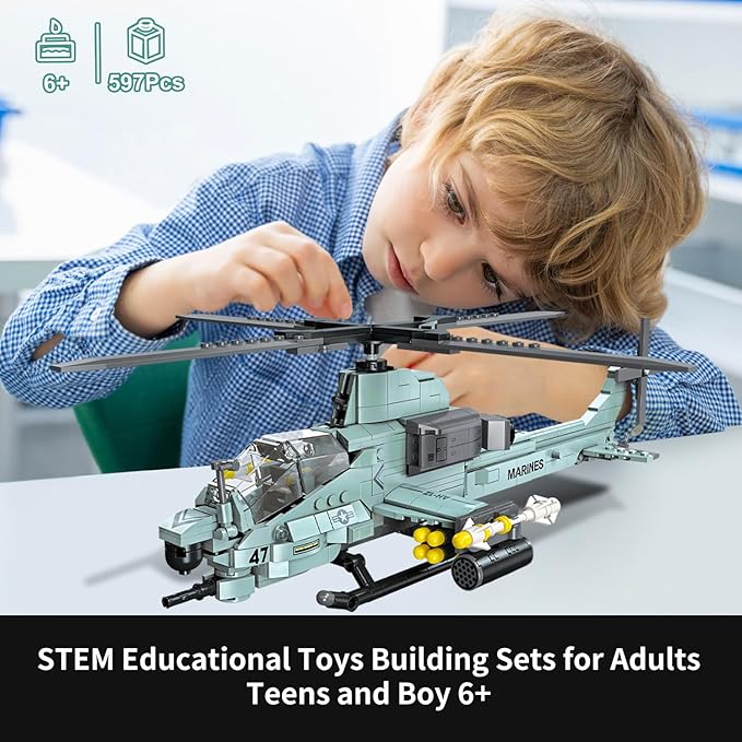 597 Pcs AH-1Z Viper Helicopter Building Set,STEM Military Army Airplane Building kit,Plane Model Collectible Home Decor,Air Force Building Block Toys,Military Toy Gifts for Kids Teens Adults