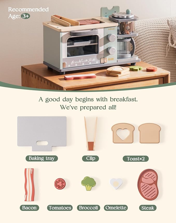 ROBUD Toddler Kitchen Playset - Wooden Breakfast Set with Coffee Maker, Toaster, Griddle, Play Food - Realistic Pretend Play Appliance and Accessories for Kids Ages 3+ Boys and Girls (Mint Green)