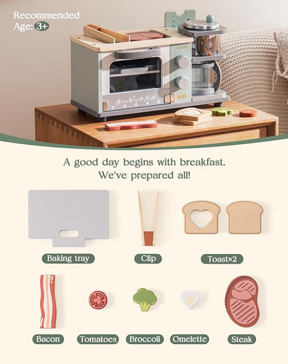 ROBUD Toddler Kitchen Playset - Wooden Breakfast Set with Coffee Maker, Toaster, Griddle, Play Food - Realistic Pretend Play Appliance and Accessories for Kids Ages 3+ Boys and Girls (Mint Green)