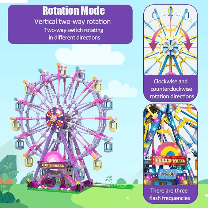 Rotating Ferris Wheel Building Blocks Set Toys with Lighting Kit, Carnival Amusement Park Construction Kits for Kids Children, Great Gift for Age 6+ Years Old（813pcs）-Pink