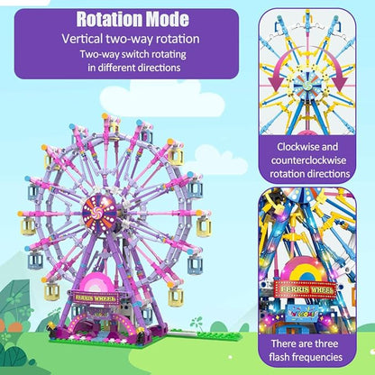 Rotating Ferris Wheel Building Blocks Set Toys with Lighting Kit, Carnival Amusement Park Construction Kits for Kids Children, Great Gift for Age 6+ Years Old（813pcs）-Pink
