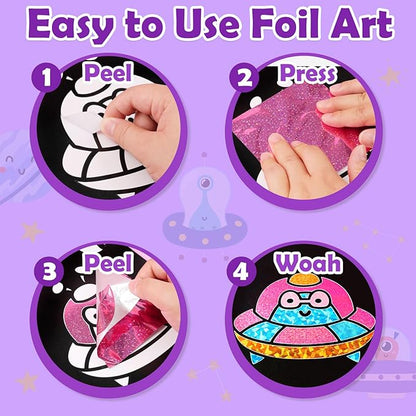 Foil Art Craft Activity for Kids: Fun DIY Toy Sticker Kit, No Mess Creative Travel Supply Set, Idea Birthday Easter Basket Stuffers Valentines Gift for Girl Boy Toddler 4 5 6 7 8 9 Year Old（Space）