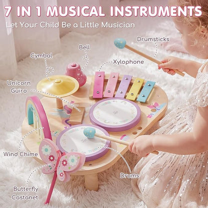 Lehoo Castle Toddler Drum Set, Unicorn Montessori Music Toys with Xylophone, 7 in 1 Wooden Musical Instruments for Toddlers 1-3, Baby Drum Set Educational Birthday Gift for 12-18 Months Girl