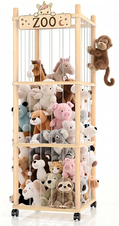 Stuffed Animal Storage Zoo Tower,56In Wooden Large Stuffed Animal Holder Organizer with Wheels,Stuffy Plushies Storage with Elastic Band&Mesh Bottom,Toy Storage Organizers for Playroom Bedroom Nursery