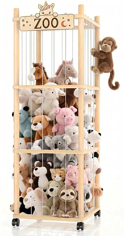 Stuffed Animal Storage Zoo Tower,56In Wooden Large Stuffed Animal Holder Organizer with Wheels,Stuffy Plushies Storage with Elastic Band&Mesh Bottom,Toy Storage Organizers for Playroom Bedroom Nursery