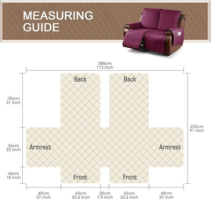 KinCam Waterproof Loveseat Recliner Cover, Non-Slip Reclining Couch Covers for 2 Seat, Recliner Sofa Cover Furniture Protector with Elastic Straps for Kids, Pets, Burgundy