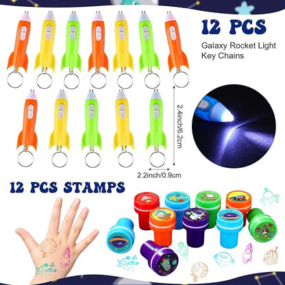 Faccito 84 Pcs Space Party Favors Bouncy Balls Silicone Bracelets Rocket Light Key Chain Stamps Space Party Supplies Galaxy Theme Bag Fillers for Solar System Planet Theme Birthday Classroom Rewards