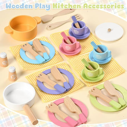 Toyssa 34 PCS Wooden Play Dishes and Plates Kitchen Set Toys for Toddler, Kids Play Kitchen Accessories with Pan & Tableware, Montessori Pretend Cooking Set Birthday Gifts for 3 4 5 6 Years Girls Boys