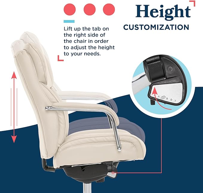 La-Z-Boy Sutherland Quilted Leather Executive Office Chair with Padded Arms, High Back Ergonomic Desk Chair with Lumbar Support, Ivory White Bonded Leather