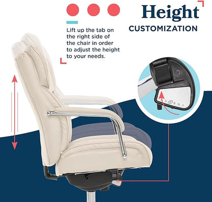 La-Z-Boy Sutherland Quilted Leather Executive Office Chair with Padded Arms, High Back Ergonomic Desk Chair with Lumbar Support, Ivory White Bonded Leather