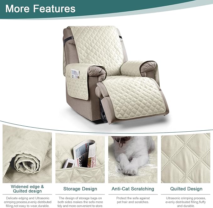Ruaozz 100% Waterproof Recliner Chair Cover Non-Slip Reclining Cover for Recliner Chair Washable Chair Seat Cover with Elastic Straps for Kids, Dogs, Pets (Ivory, 23'')