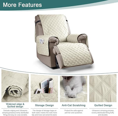 Ruaozz 100% Waterproof Recliner Chair Cover Non-Slip Reclining Cover for Recliner Chair Washable Chair Seat Cover with Elastic Straps for Kids, Dogs, Pets (Ivory, 23'')