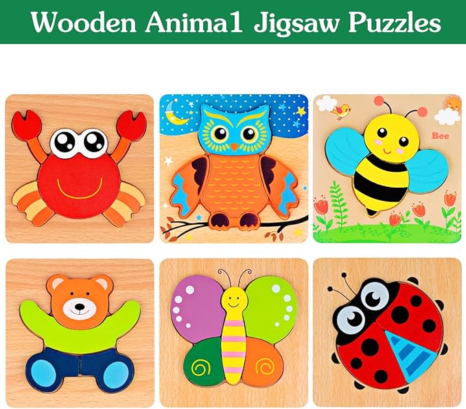 Dreampark Wooden Puzzles for Toddlers Ages 1-3, Montessori Toys for 1 2 3 Years Old Girls Boys Baby Kids Puzzle Learning Educational Christmas Birthday Gifts Toys 6 Pack Animal Jigsaw Puzzle