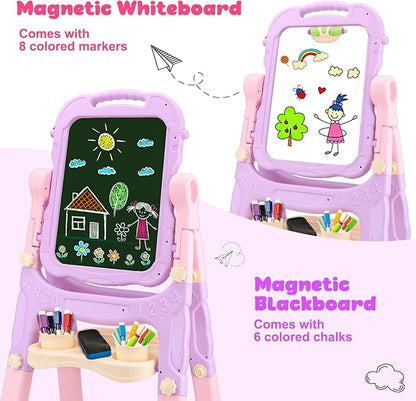 Kids Easels for Toddlers 2-4 Double Sided Kids Art Easel with Magnetic White Board & Chalk Board Adjustable Stand Drawing Painting Easel Learning Toys Age 2 3 4 Year Old Girl Birthday