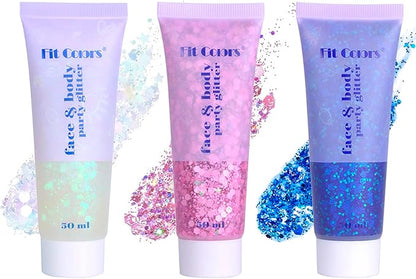 Hair Face Body Glitter Paint Set for Women, White Pink Blue Holographic Mermaid Sequins Chunky Glitter Makeup for Music Festival Rave Accessories, Easter, Wedding, Valentine, Prom