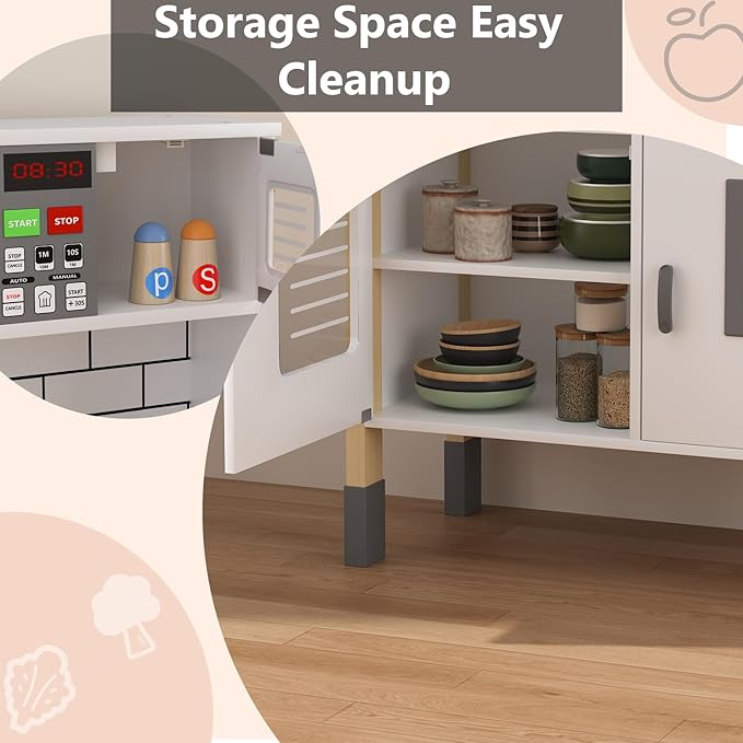 Play Kitchen for Kids, Wooden Kitchen Playset with Fruit Set, Light, Stove, Sink and Accessories, Interactive Toy Kitchen Gift for Boys Girls, White