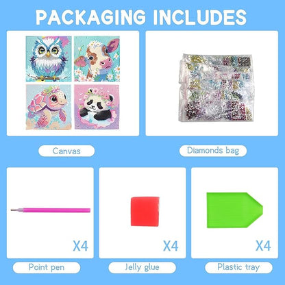 FQOVKYN 4 Packs 5D Cartoon Diamond Art Kits for Kids, Cute Animals DIY Diamond Arts Mosaic Kits for Adults Beginner, Full Round Drill Gem Art for Home Wall Decor Kids Present 6X6 inch