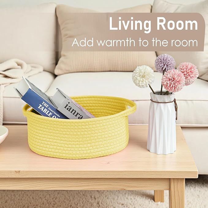 JMvicyroam Woven Basket,Small Rope Storage Bin with Handles & Ribbon Bag, Organizer for Shelves Closets,Gift Basket Empty for Birthday,Books,Dog Toys, Yellow/3 Pack