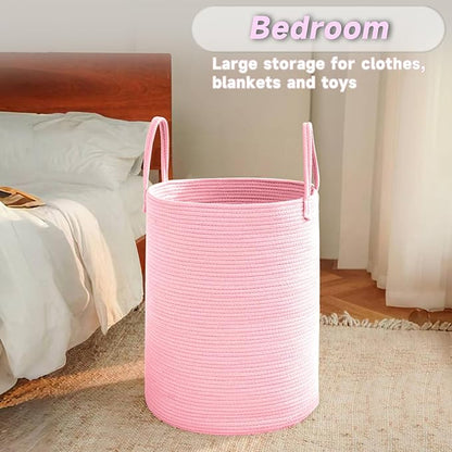 JMvicyroam Large Woven Laundry Basket Hamper,80L Cotton Rope Storage Bin for Blankets,Toys and Clothes,Decorative Tall Nursery Hamper for Living Room,Baby Nursery,Bathroom and Bedroom,Pink