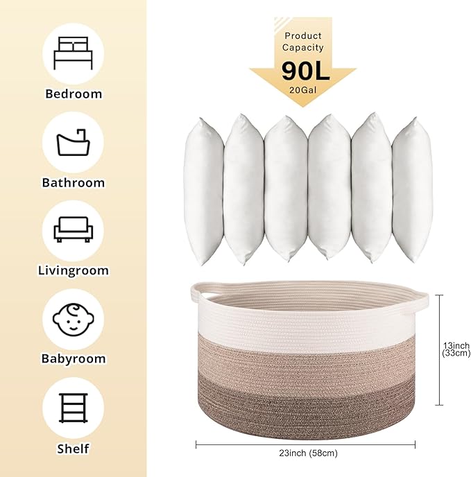 OIAHOMY 90L Blanket Basket for Living Room, Large Basket 23" x 23" x 13" with Handle, Laundry Hamper for Blankets, Pillows, Toy Storage for Kids, Dogs - Gradient Brown