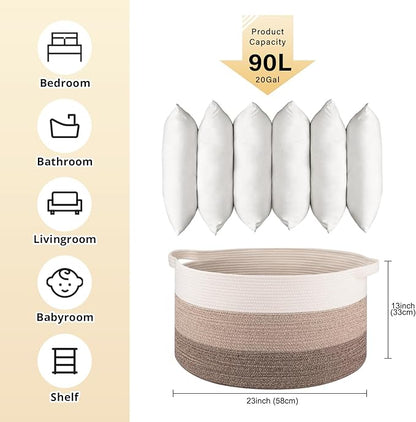 OIAHOMY 90L Blanket Basket for Living Room, Large Basket 23" x 23" x 13" with Handle, Laundry Hamper for Blankets, Pillows, Toy Storage for Kids, Dogs - Gradient Brown